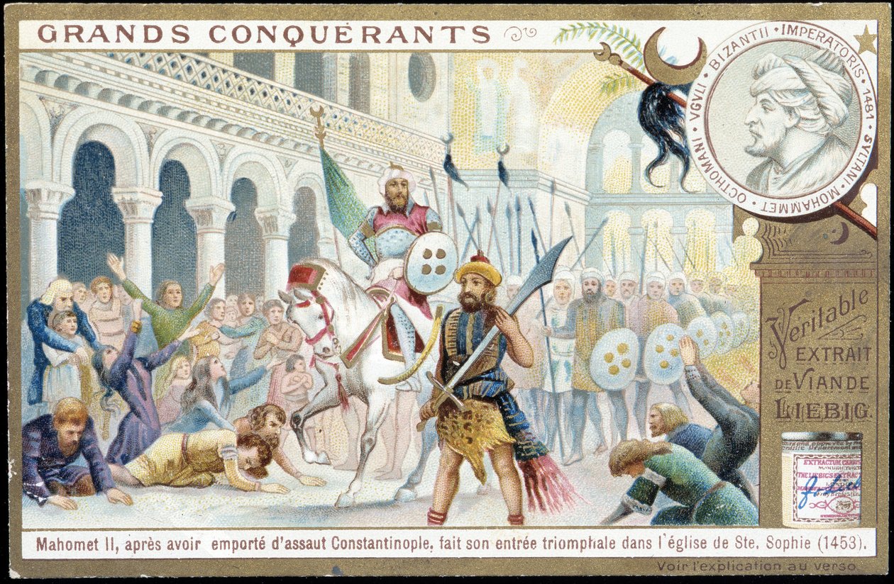 Muhammad II: voittoisa sisäänkäynti Pyhän Sofian kirkkoon, Konstantinopoli - kromo. Liebig od French School