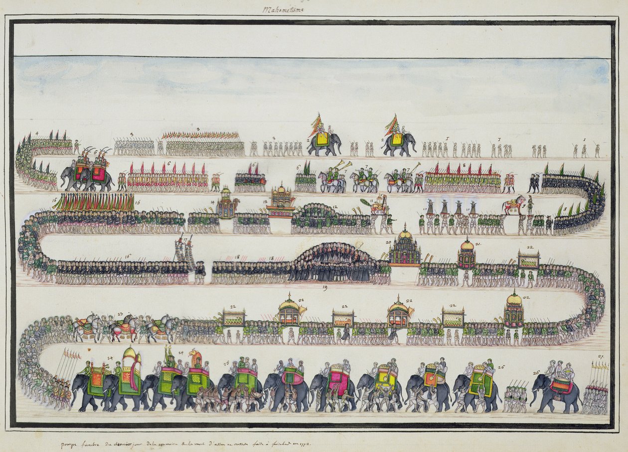 Muharram Ceremony, Faizabad, 1772 z The Gentil Album, vydaného v roce 1774 od French School