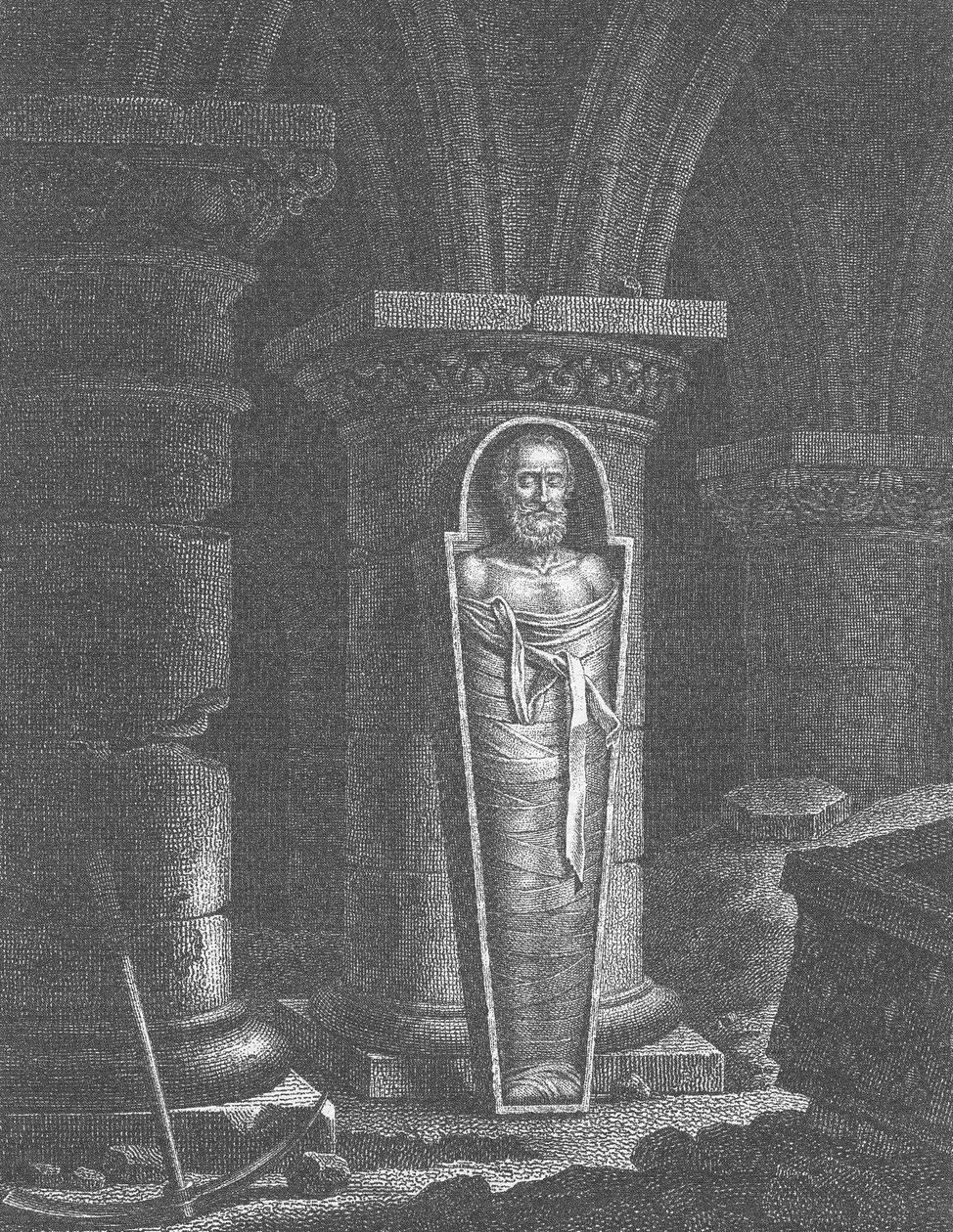 Mumie Jindřicha IV. (1553-1610), francouzského krále, exhumovaného revolucionáři, v bazilice Saint-Denis, 14.-25. října 1793 od French School