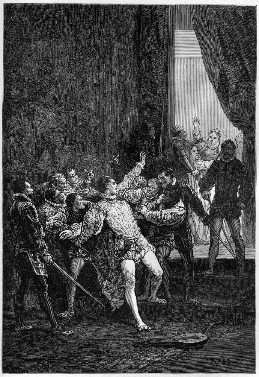 Vražda Davida Rizzia (Davide) za přítomnosti Marie Stuartové (Marie Iere) (1542-1587) - rytina v „Dějinách Anglie, ze vzdálenějších časů“ od Francoise Guizota 1877 od French School