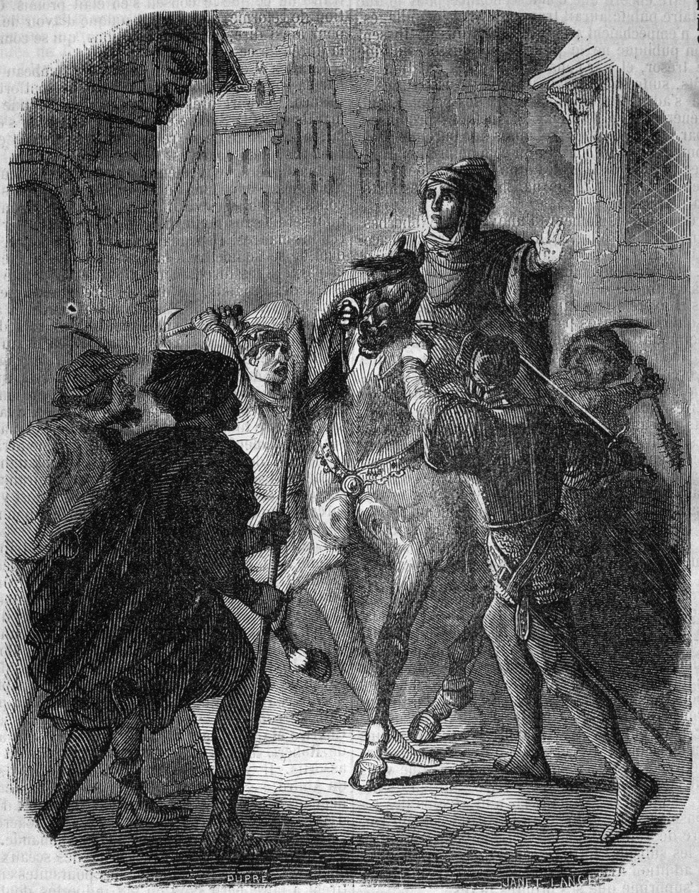 Vražda Ludvíka I. z Valois, vévody z Orleansu (1372 - 1407) v Old Rue du Temple od Jeana Sans Ppeura - in Histoire de France”” od L.-P. Anquetil od French School