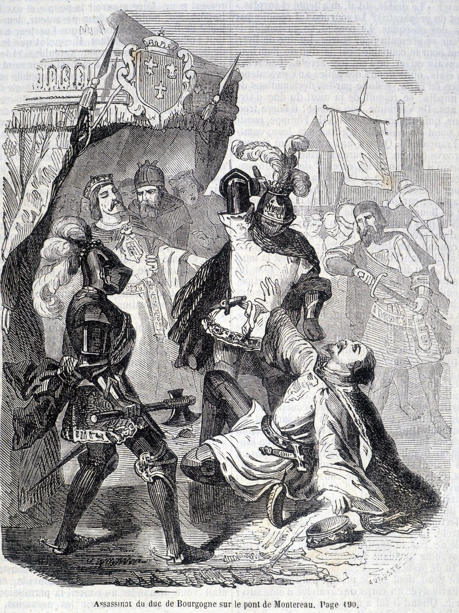 Vražda vévody z Burgundska (Jean sans peur) na mostě v Montereau v roce 1419 - v „Histoire de France“ od L.-P. Anquetil od French School