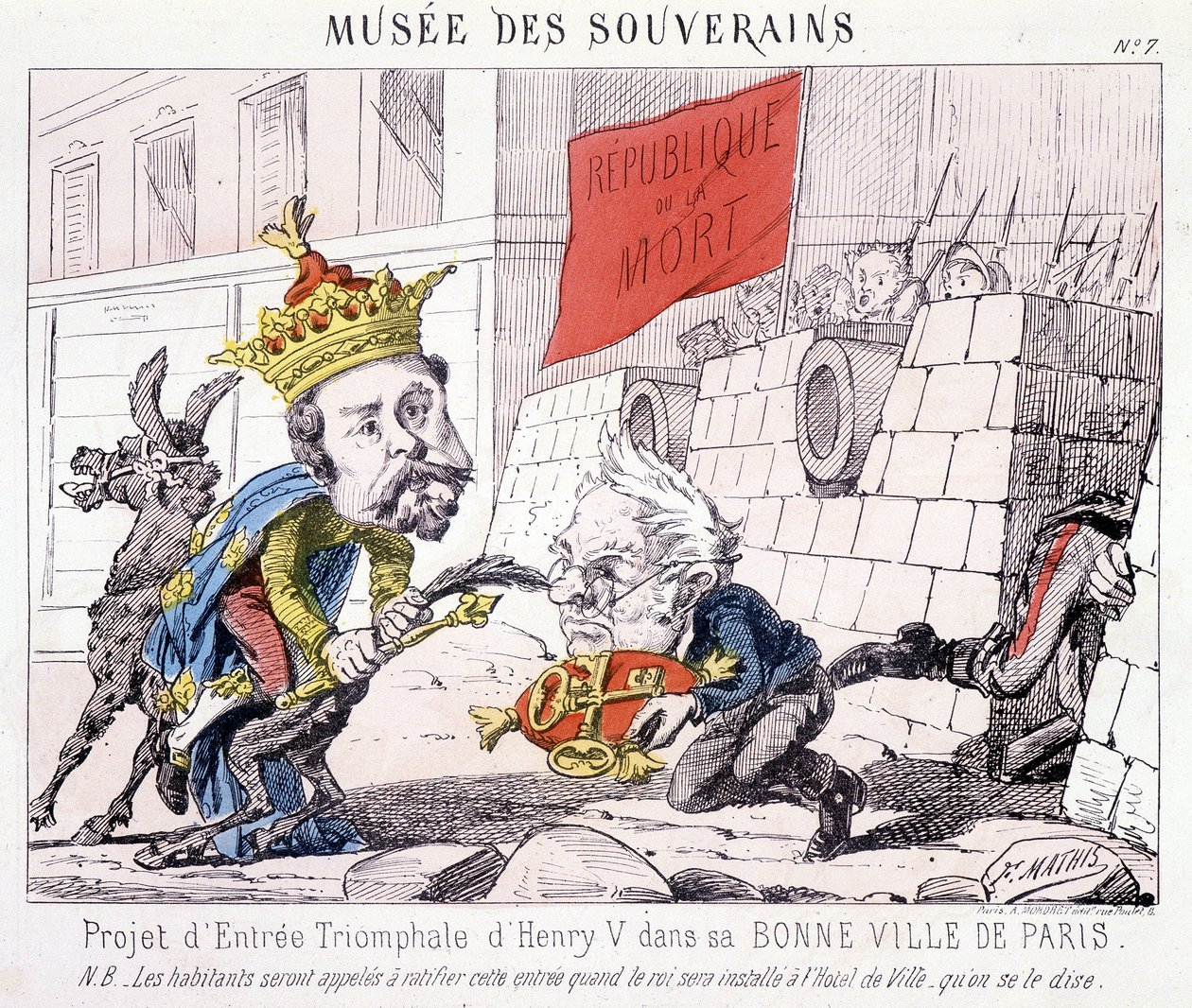 Musée des Souverains - Projekt triumfálního vjezdu Henriho V. do jeho dobrého města Paříže (Thiers mu předal klíče od Paříže bráněné občany, kteří třímají vlajku s nápisem „République ou la mort“). od French School