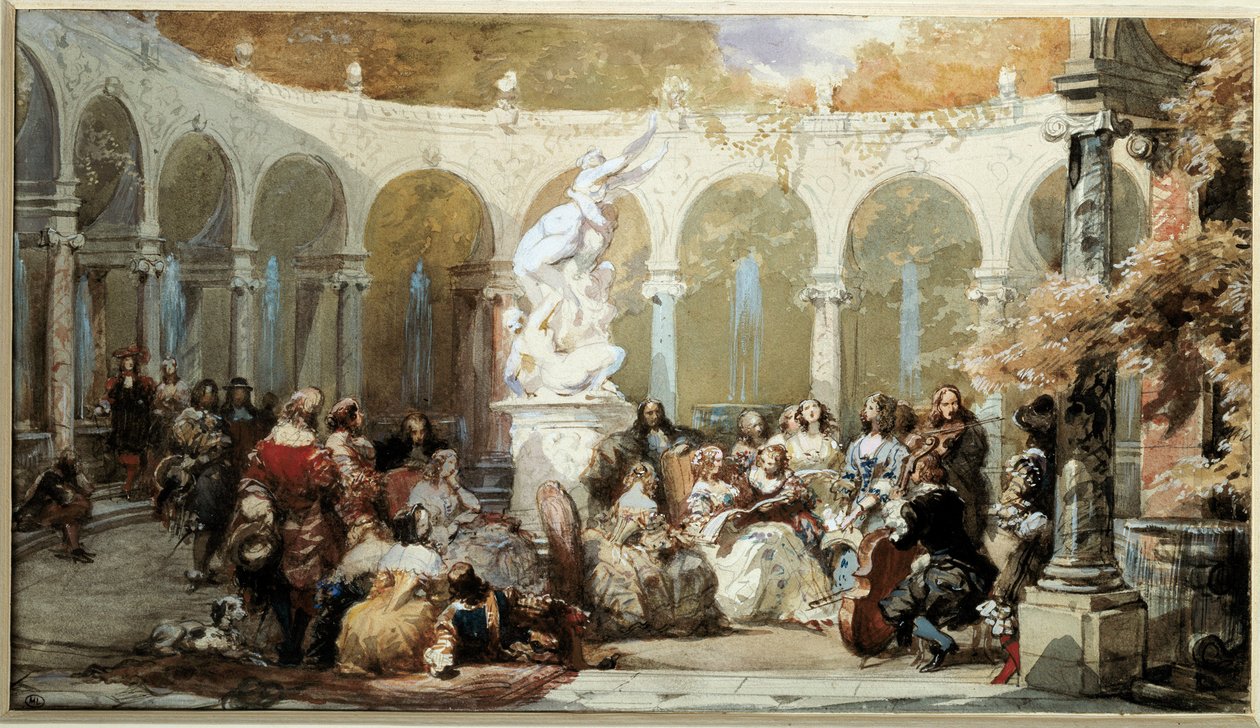 Hudební scéna v zahradách Versailles. vodové barvy od French School