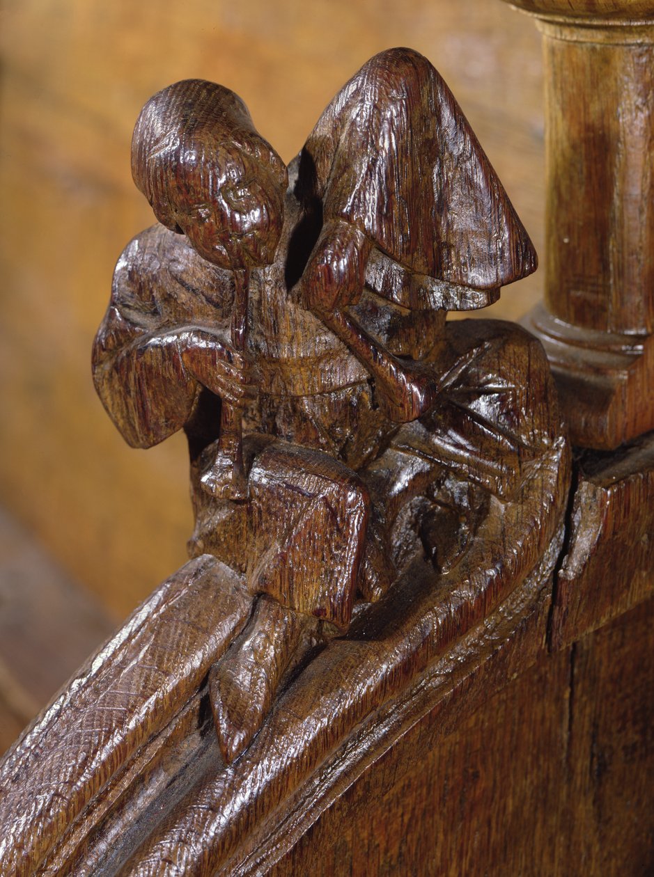 Hudebník hrající na dvojitou flétnu, detail z kůru, 14.-16. století (dřevo) od French School