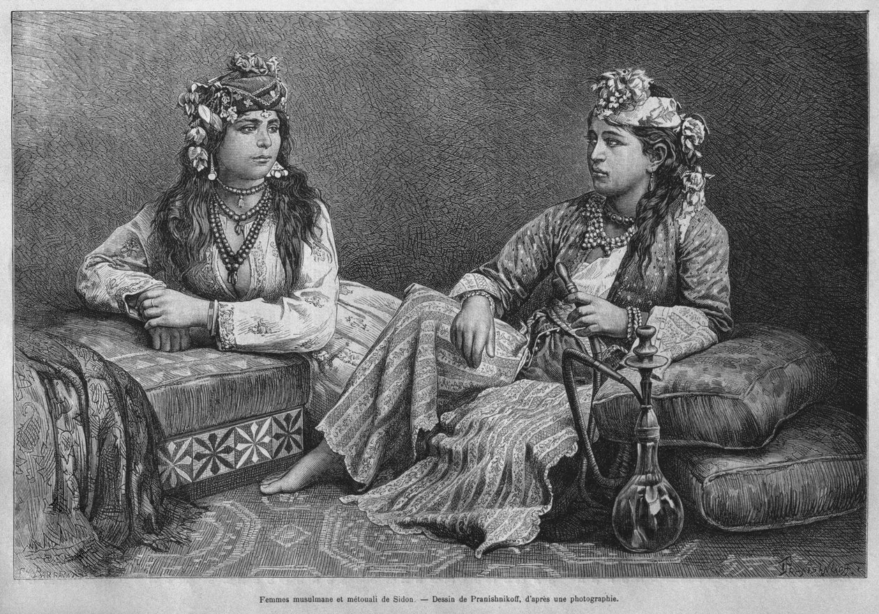 Muslimské ženy ze Sidonu, dnes ze Sýrie. Cestuje po Fénicii, Libanonu a Judeji. 1875-1880 Louis Charles Emile Lortet, 1884 (č. rytina) od French School