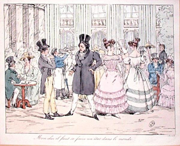 „Můj drahý příteli, člověk si musí najít místo ve světě“, karikatura „Cafe de la Rotonde“ v Palais Royal, počátek 19. století (barevná rytina) od French School