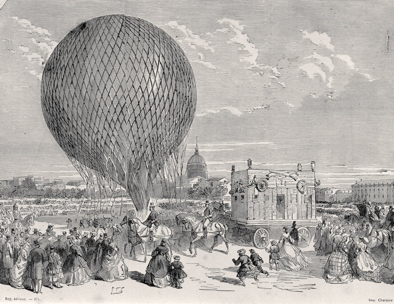 Balón Nadars, Le Géant se připravuje na Champ de Mars v Paříži na svůj první let 4. října 1863, ilustrace z Paříže a Travers Les Siecles: Tome 5, 1889 od French School
