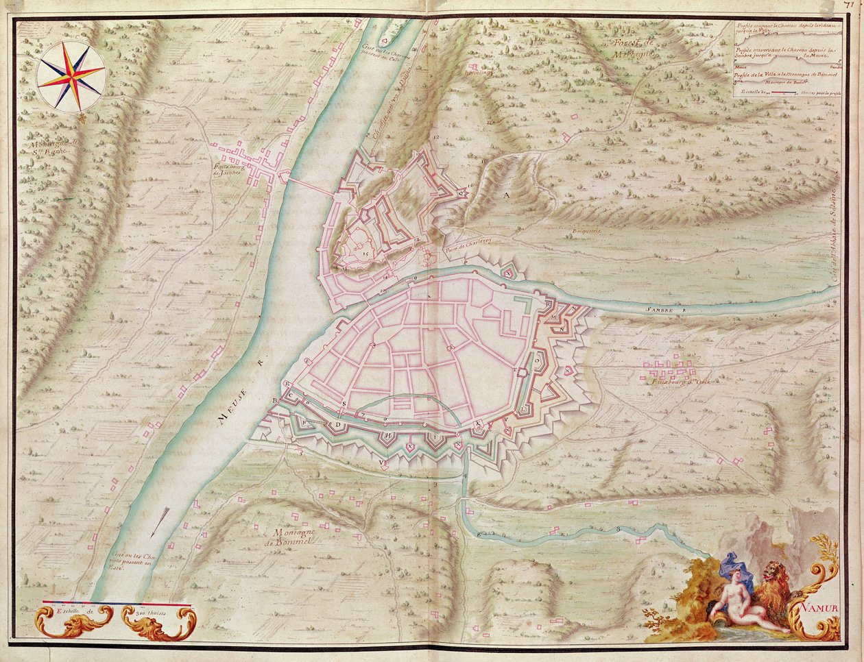 Namur a okolí, z Atlasu de Louis XIV. Plans des Places etrangeres, 1665 (pero, inkoust a mytí) od French School