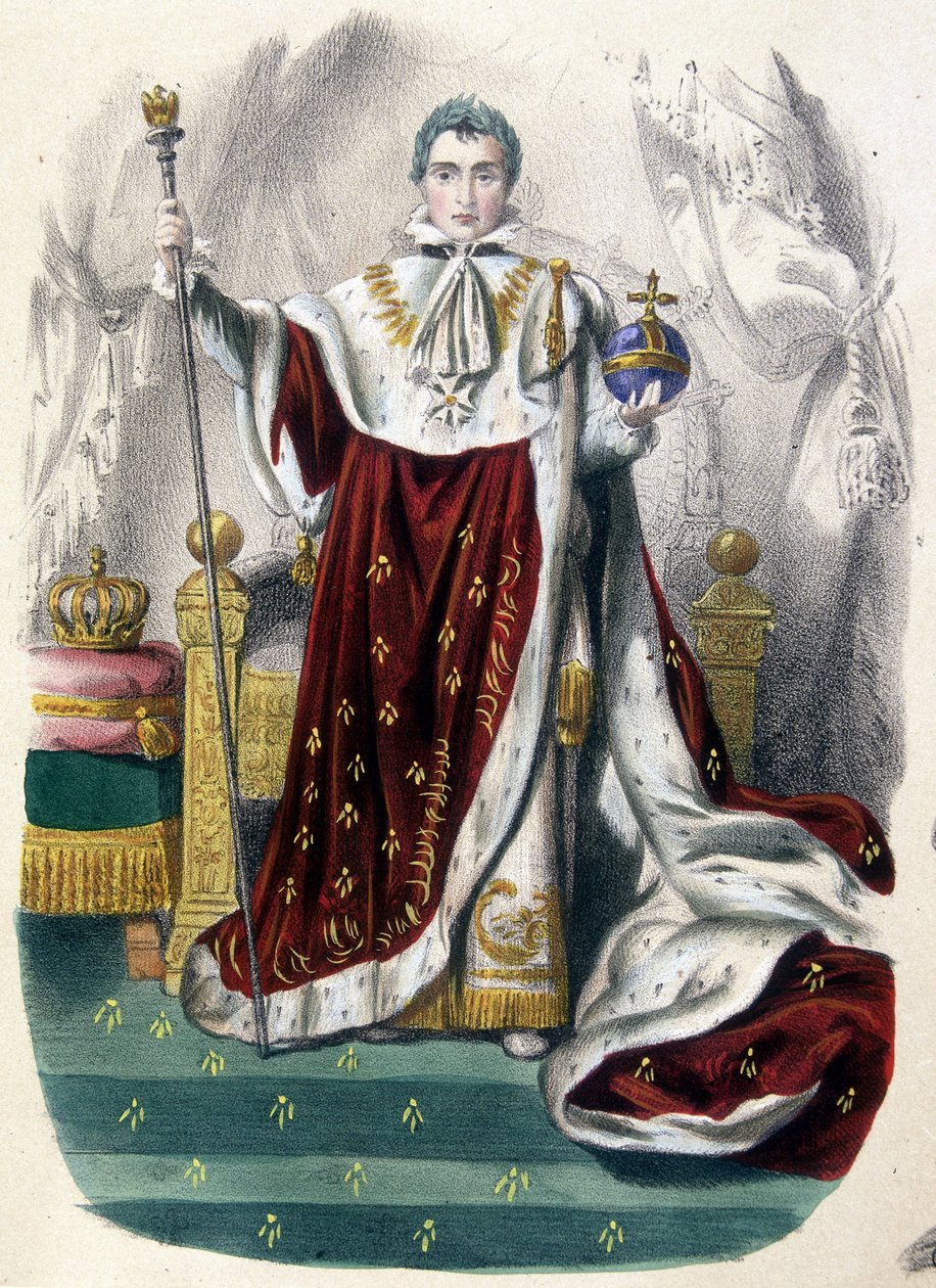 Napoleon 1. v korunovačním kostýmu - v „Dějinách Francie v tiscích“, konec 19. století od French School