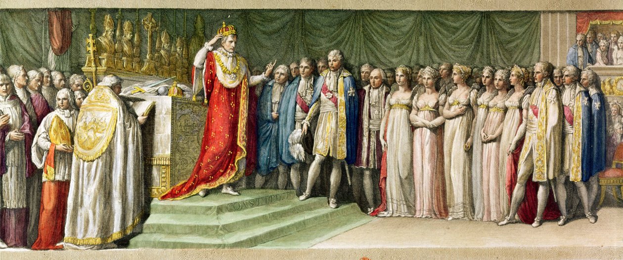 Napoleon Bonaparte (1769-1821) korunující se železnou korunou Langobardů v Miláně, 1805 (barevná rytina) od French School