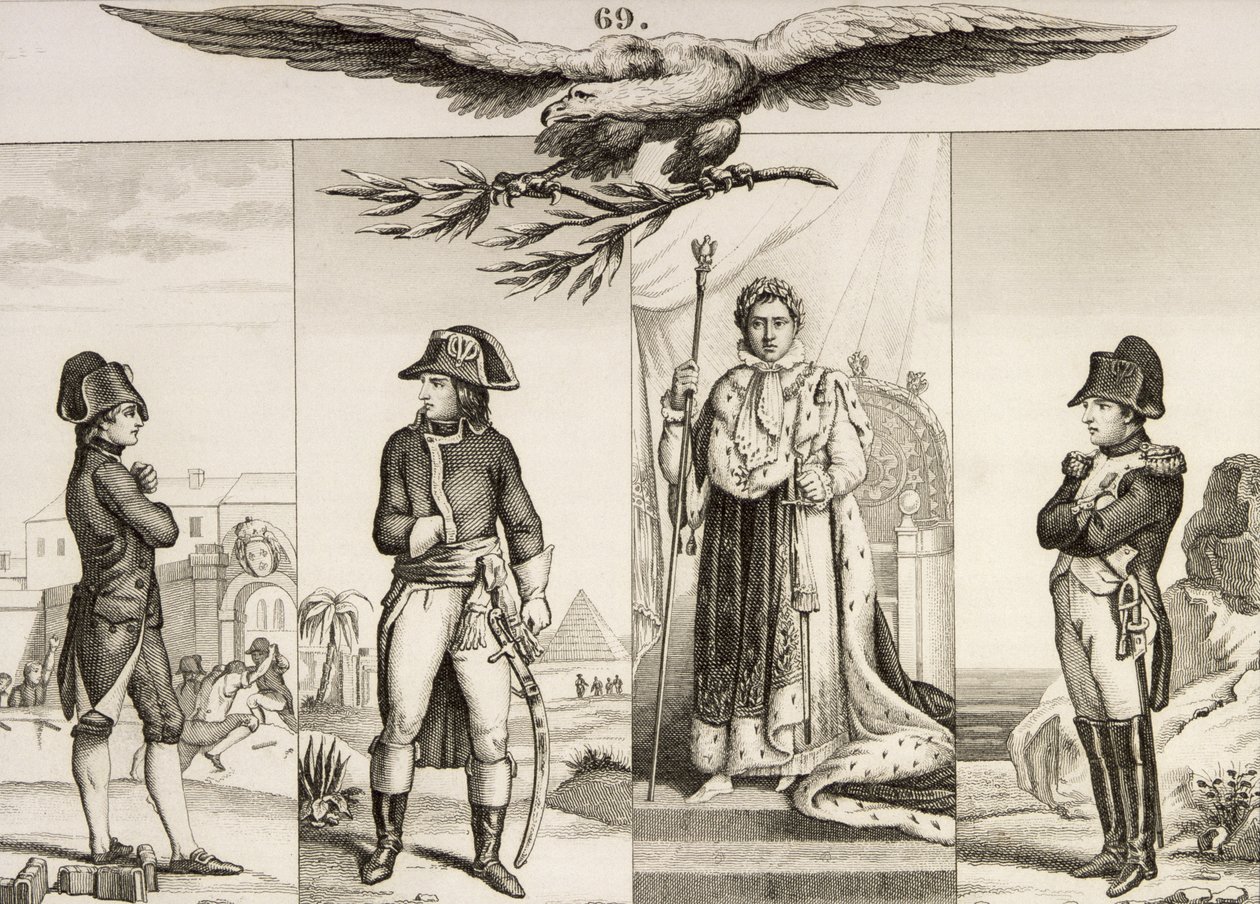 Napoleon Bonaparte (1769-1821) ve čtyřech etapách svého života, z „Histoire de France“ od Colarta, vydané kolem roku 1840 od French School