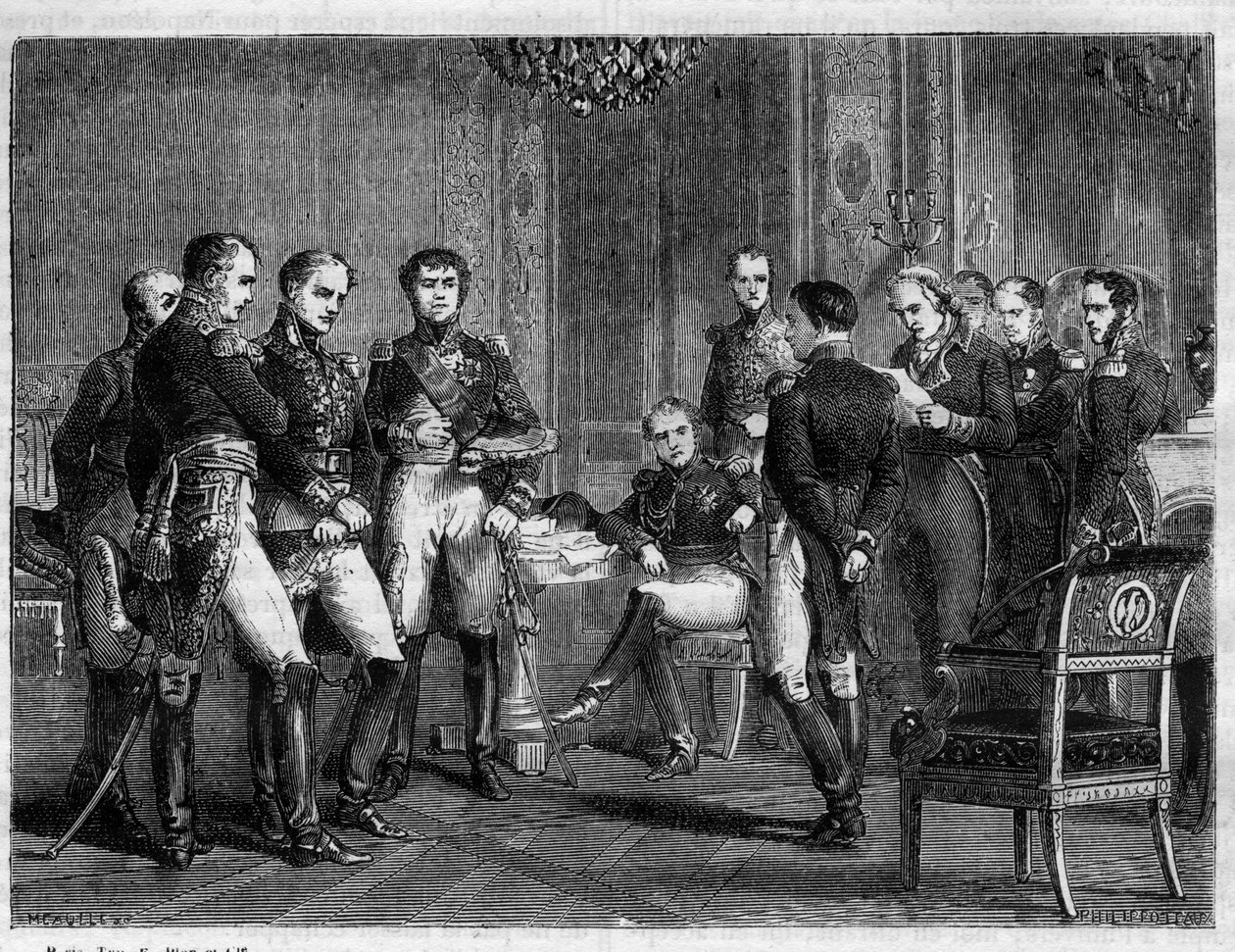 Napoleon Bonaparte – první abdikace Napoleona v roce 1814 – čtení dopisu Pierra Riela de Beurnonville Marechalu MacDonaldovi, vévodovi z Taranta za Napoleonovy přítomnosti – v „Histoire de l