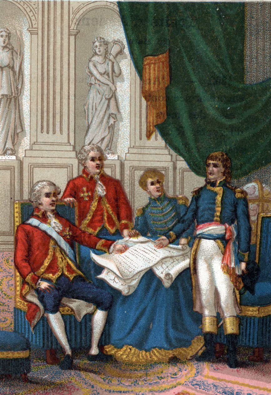Napoleon Bonaparte v Amiens dne 25. března 1802 podepsaly Anglie a Francie mírovou smlouvu, která ukončila druhou evropskou koalici proti Francii. (Amiensův mír, 25. března 1802). od French School