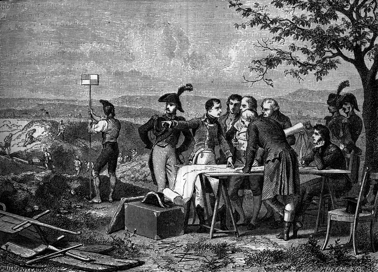 Napoleon Bonaparte naznačující plán proražení Canal de Saint-Quentin v roce 1801 - Bonaparte naznačující proražení kanálu de Saint Quentin v roce 1801 - Rytina z 19. století od French School