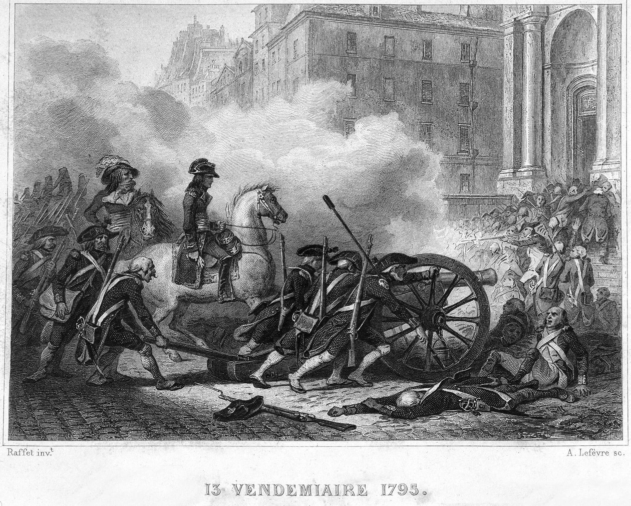 Napoleon drtící rojalistické povstání - Napoleon Bonaparte (na koni) velící revolučním jednotkám v pouličních bojích 13. Vendemiaire (5. října) - 13. Vendemiaire 1795 (Royalistické povstání z 5. října 1795): Bonaparte znovu pobodal řád shoo od French School