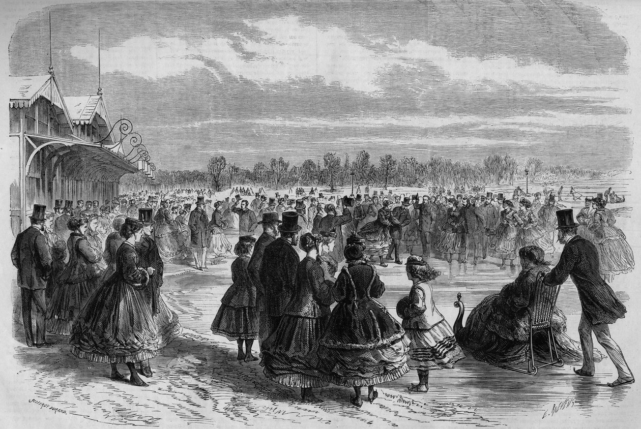 Napoleon III (1808-1873) a císařovna Eugenie de Montijo (1826-1920) v klubu bruslařů Bois de Boulogne v Paříži. Rytina v ""Le Monde Illustre"" č. 511 z 26. ledna 1867. od French School