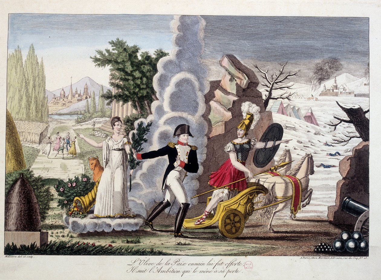 Napoleon I. Mezi válkou a mírem, cca 1815 – Napoleon mezi válkou a mírem – Marně mu byla nabídnuta oliva míru, sleduje ambice, která ho dovedla ke ztrátě – v „Napoleon 1er“, fiktivní sbírce karikatur od French School