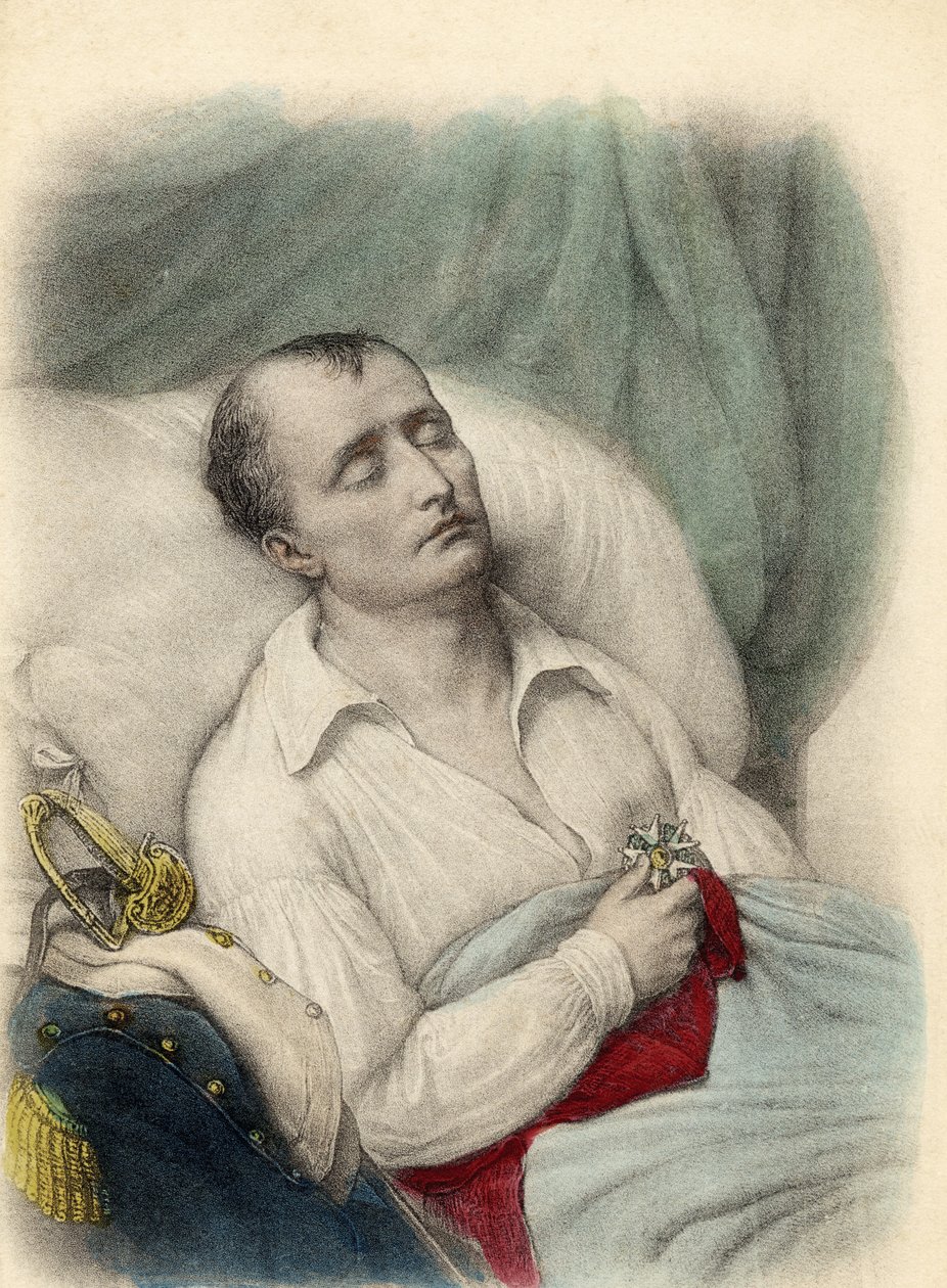 Napoleon I. na smrtelné posteli držící na srdci kříž Čestné legie, Svatá Helena, 1821 (barva lito) od French School