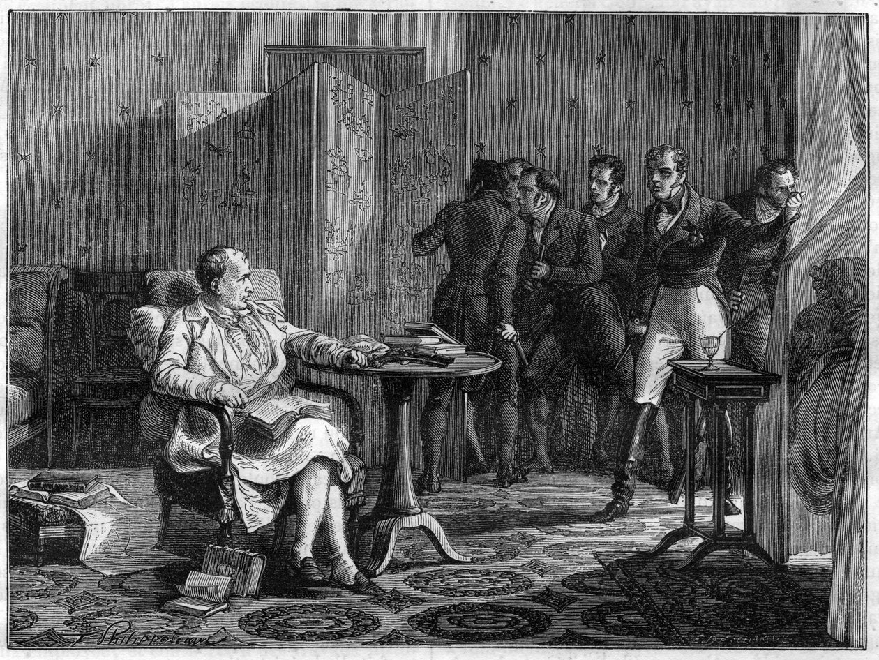 Napoleon I. do Sainte-Helene (Svatá Helene) v říjnu 1818 se rozhodl postavit se zbraní v ruce proti pokusu Hudsona Lowea, britského generála, vynutit si dveře – v „Historie impéria po historii konzulátu““ od Adolfa Thiers - 1879 od French School