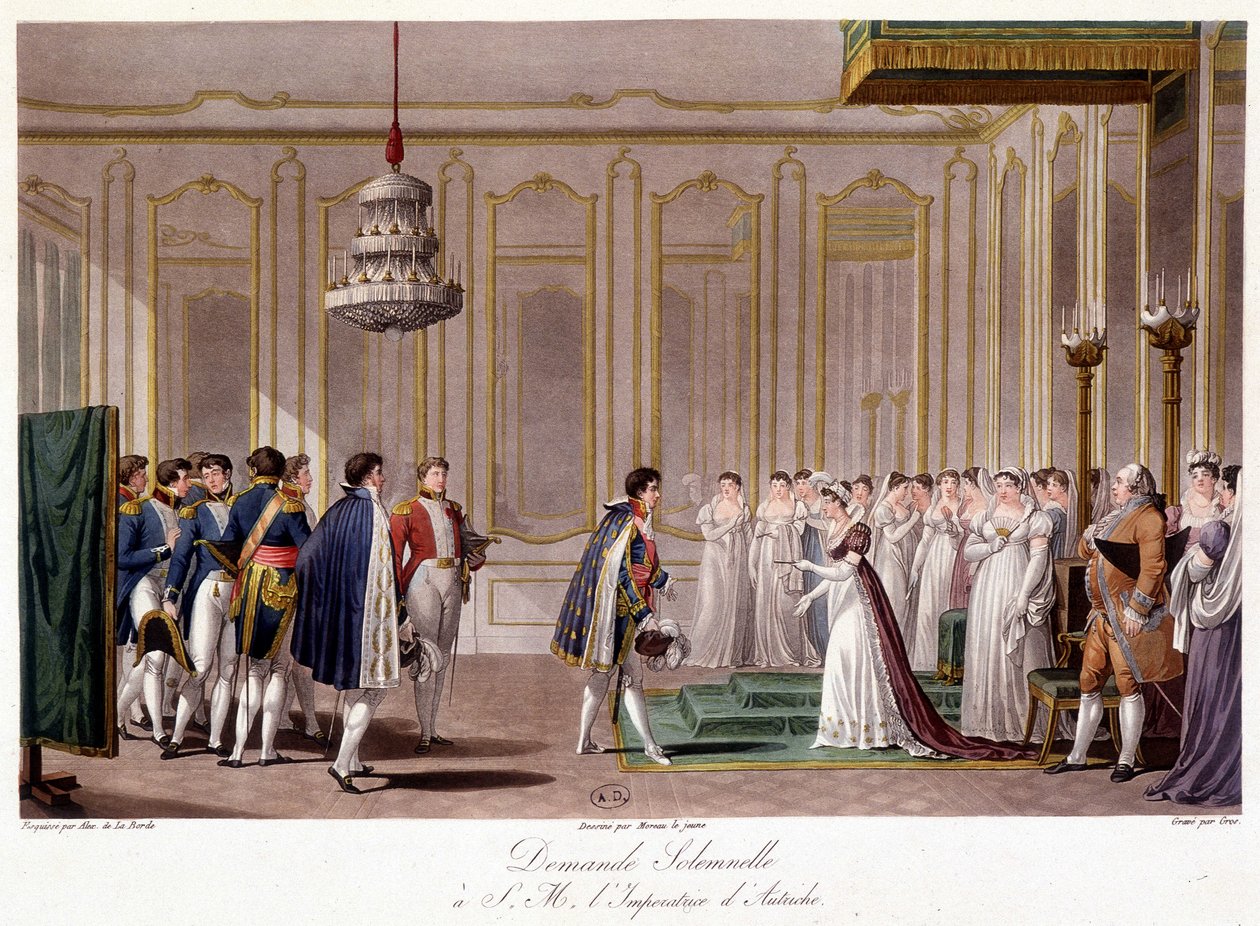 Napoleon žádá Marii Louise o sňatek s rakouským Impressem - v „“Historické shrnutí války mezi Francií a Rakouskem v roce 1809““ od French School