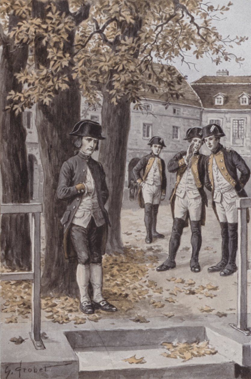 Napoleon v Ecole Militaire, Brienne (litografie) od French School