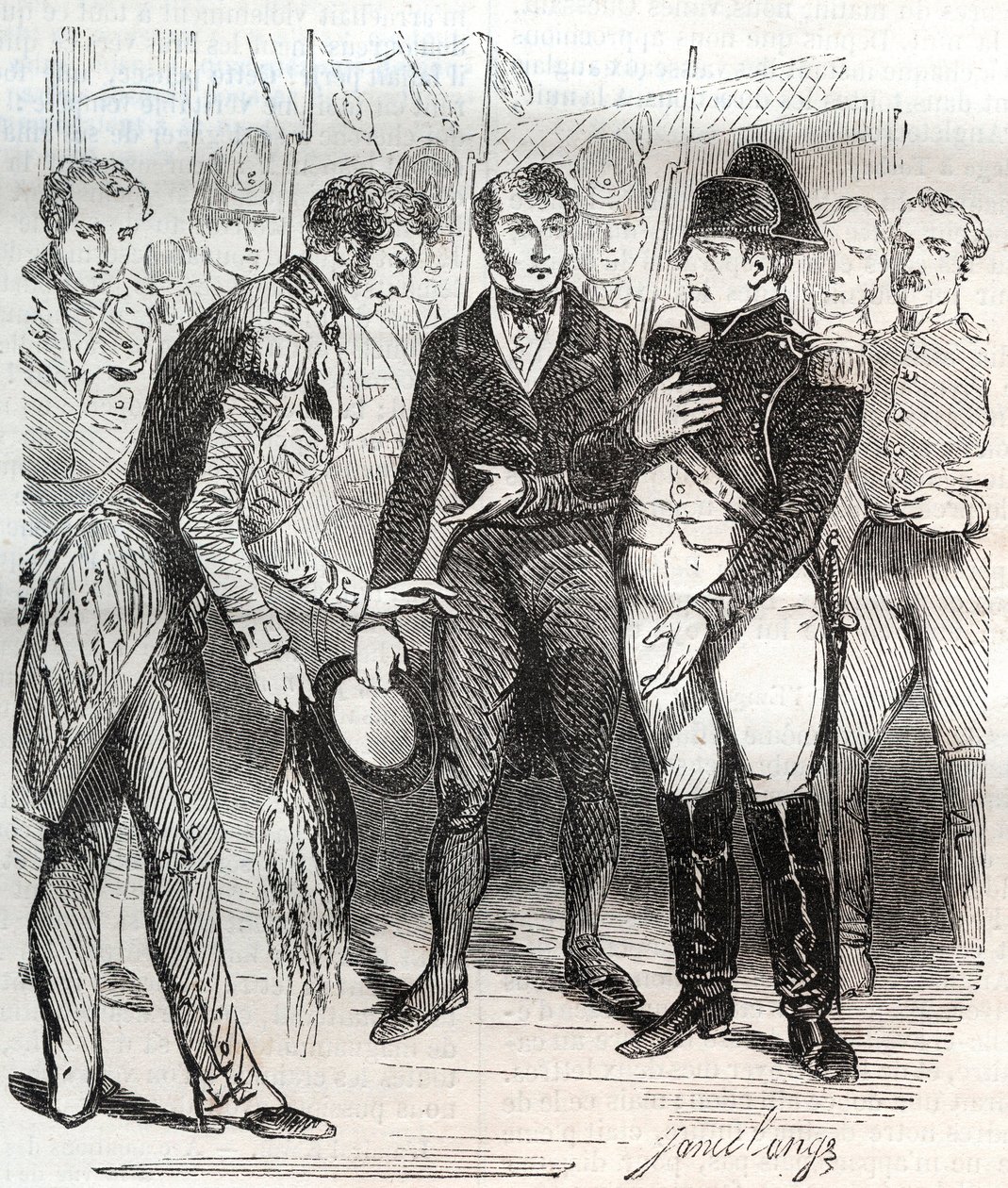 Napoleon se svěřuje s britskou vírou - Napoleon Bonaparte nastupuje na britskou loď Bellerophon, která ho 14. července 1815 odveze do exilu do St Helene (Saint Helene) - Napoleon Bonaparte nalodí na britskou loď Bellerophon, která ho odveze do exilu od French School