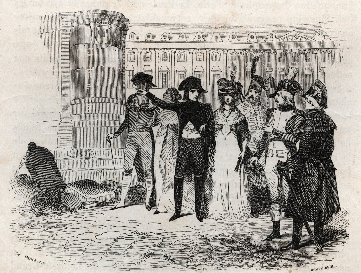 Napoleon na procházce s Madame Tallien, rozená Theresa Cabarrus, princezna z Caraman, princezna z Caraman Chimay (1773 - 1835) umístila Vendome v Paříži - rytina v „Les rues de Paris“. Stará a moderní Paříž: původ, historie, památky, kostýmy, morálka, chro od French School