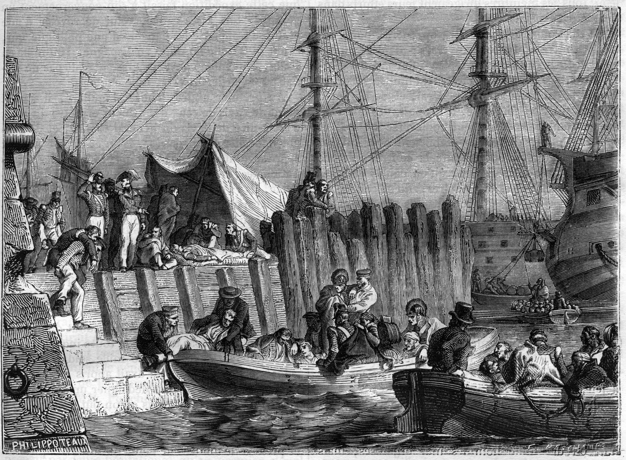Napoleonské války - Anglická armáda opouští ostrov Walcheren 1809 - Angličané opouštějí ostrov Walcheren v Nizozemsku v roce 1809 - v „Historie impéria po historii konzulátu“ od Adolphe Thierse - 1879 - soukromá sbírka od French School