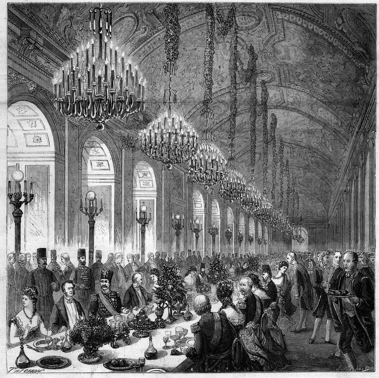 Nasir Al-Din (Nasser al-Din) (1831-1896) Shah z Persie do Versailles. Banket v ledové galerii. po jeho levici Albert, vévoda z Broglie (1821-1901). od French School