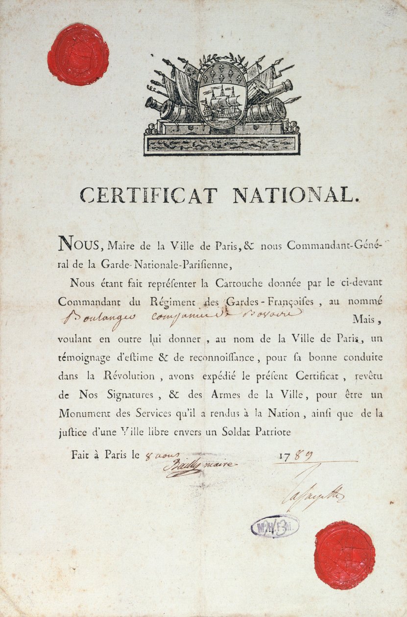 Národní osvědčení o dobrém chování během Francouzské revoluce, 8. srpna 1789 v Paříži od French School