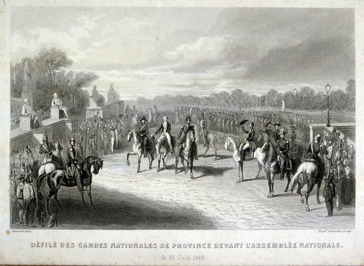 Vojáci Národní gardy chrání Národní shromáždění v Paříži. Rytina během francouzské revoluce 1848 (rytina) od French School