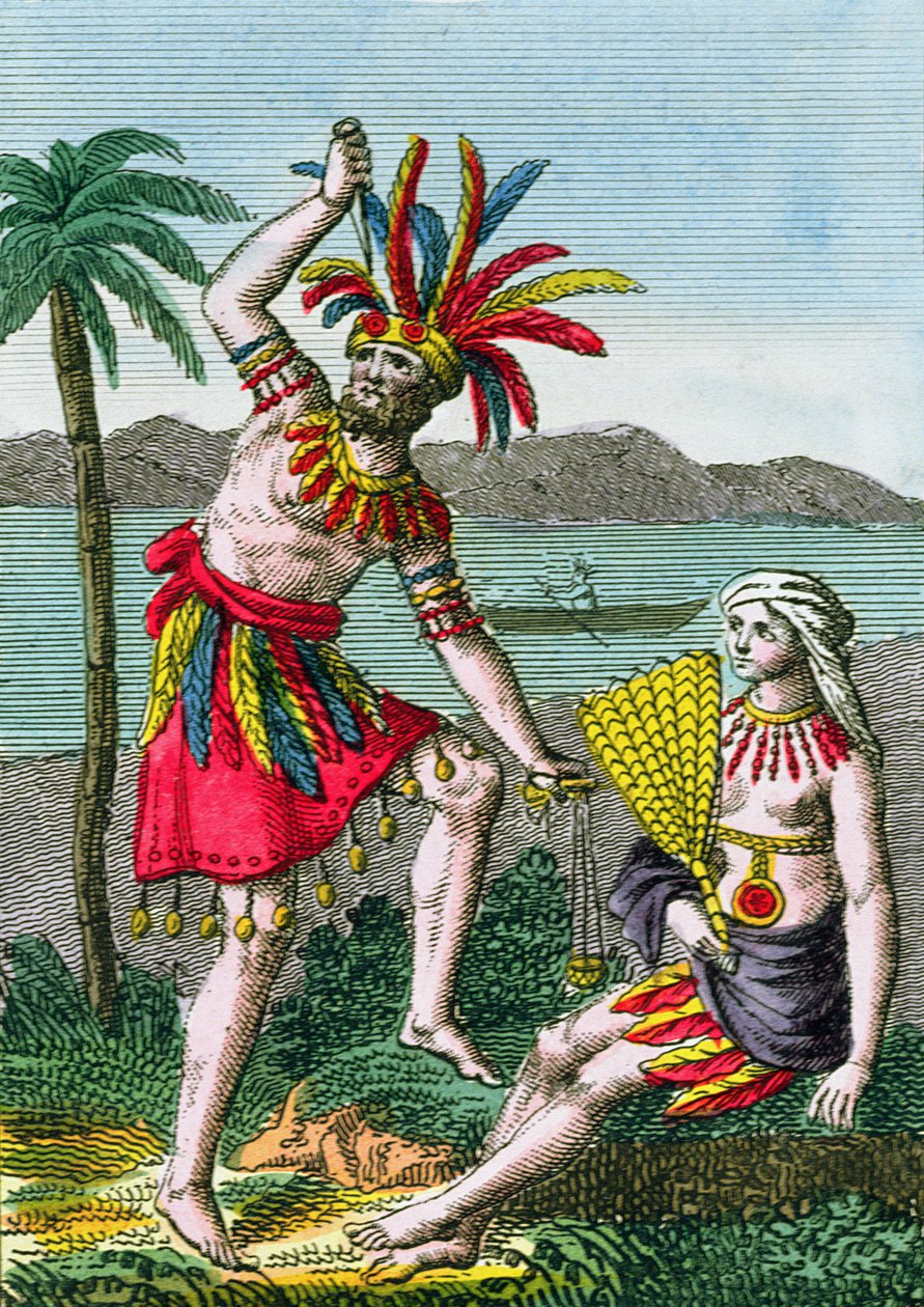 Původní obyvatelé Markézských ostrovů, ilustrace z Histoire des Voyages Autour du Monde od J. Dufaye, vydal Courvalet & Co., Paříž, 1826 (barevná rytina) od French School