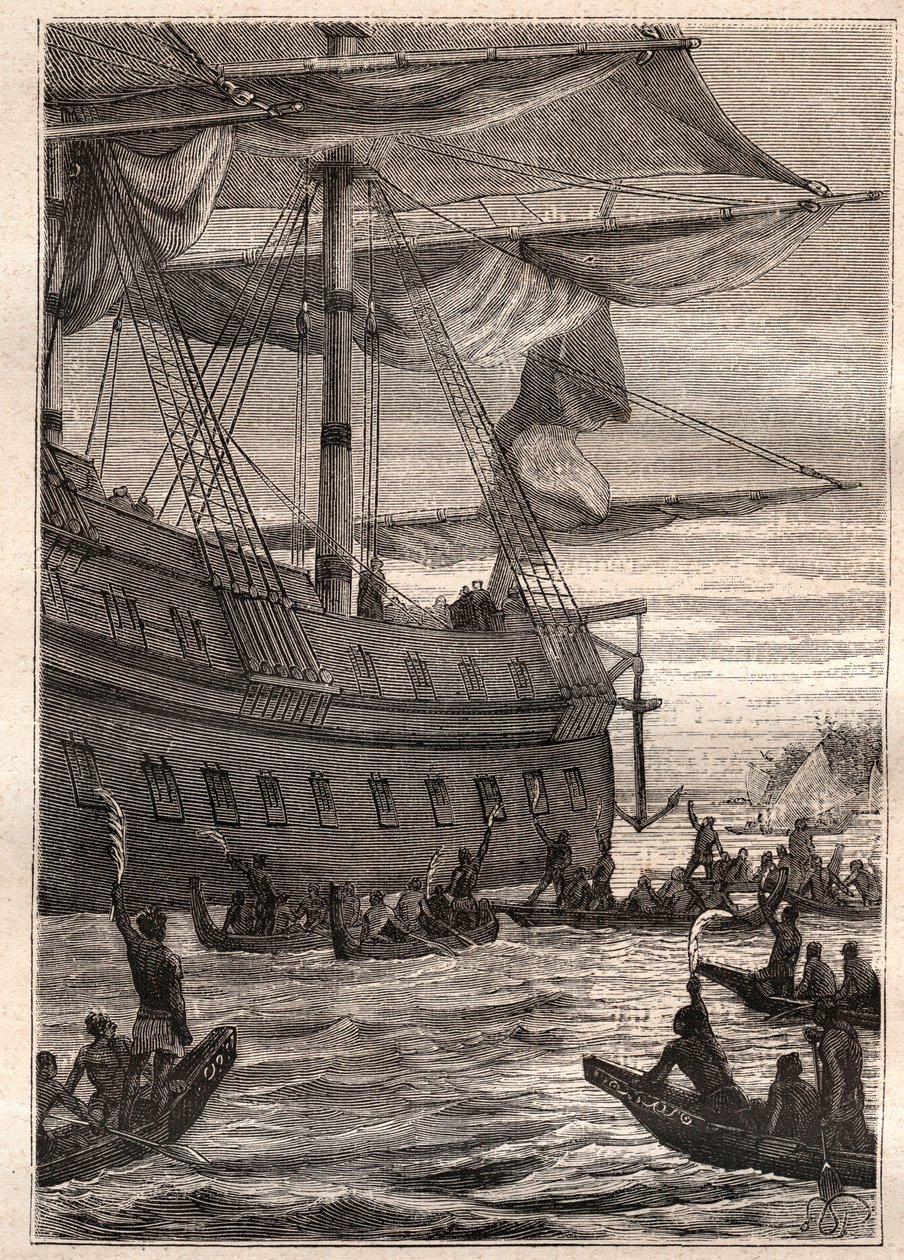 Domorodí lidé drželi v ruce větve banánovníků: Cesta Samuela Wallise (1728-1795) do Polynésie - domorodí obyvatelé držící větve banánů jako uvítací pozdrav - ilustrace převzata z „Velkých námořníků 18. století““ od French School