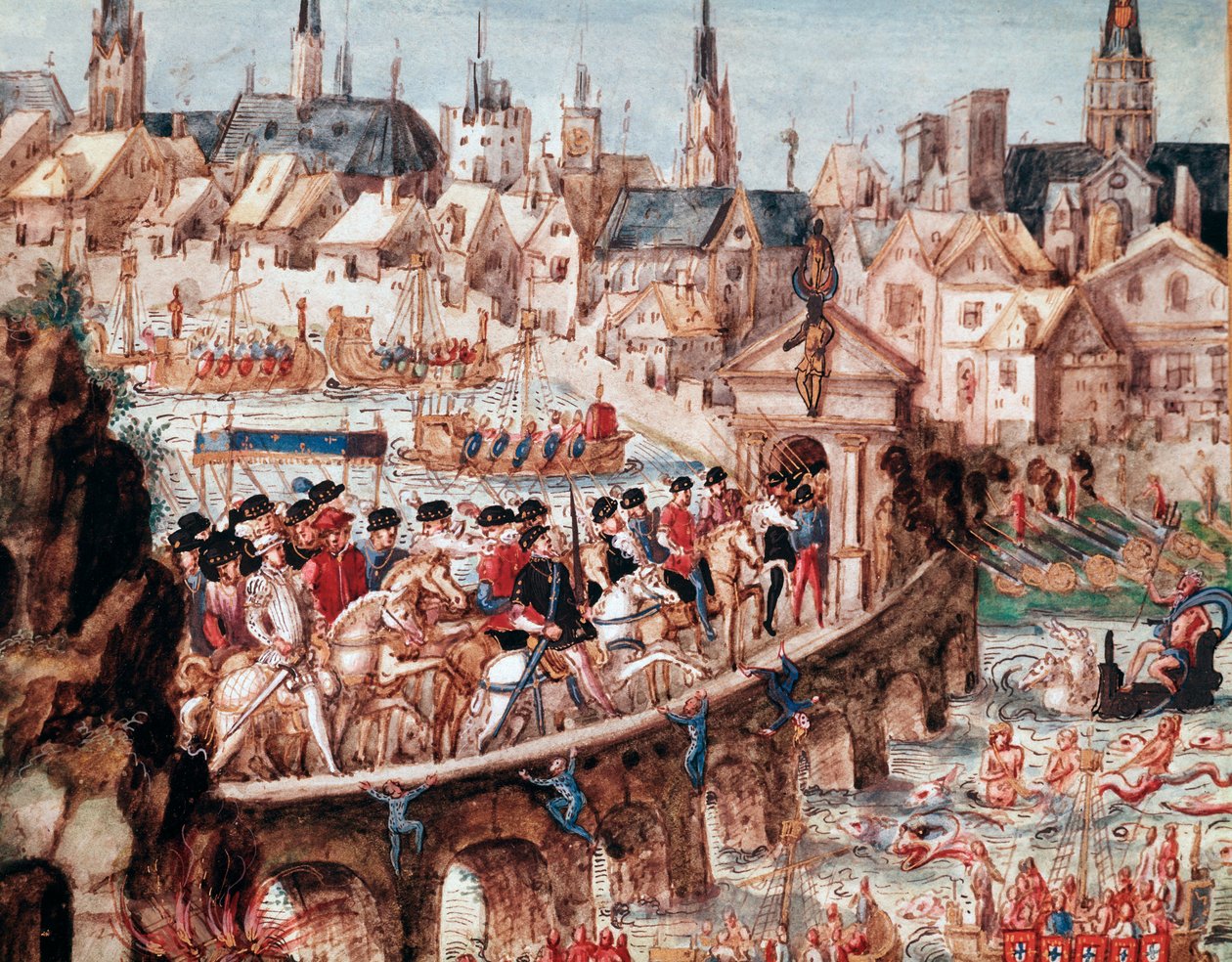 Námořní show pořádaná městem Rouen u příležitosti královského vjezdu krále Jindřicha II. (1519-1559) a Kateřiny Medicejské (Caterina de Medici) (1519-1589) dne 1.10.1550 Jezdci překračující Seinu na most Saint Ouen (most St Ouen v od French School