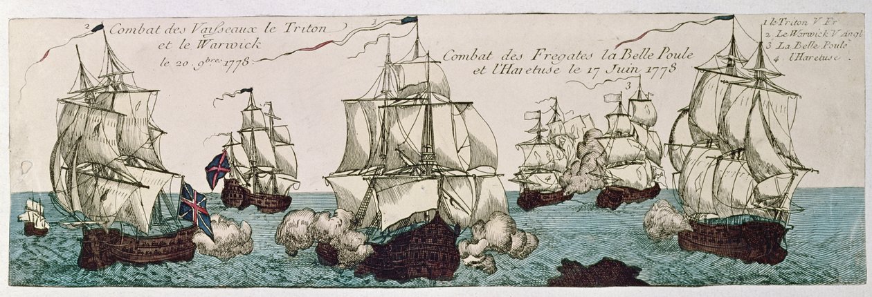 Námořní střetnutí mezi francouzskou a anglickou flotilou během americké revoluce v roce 1778 od French School