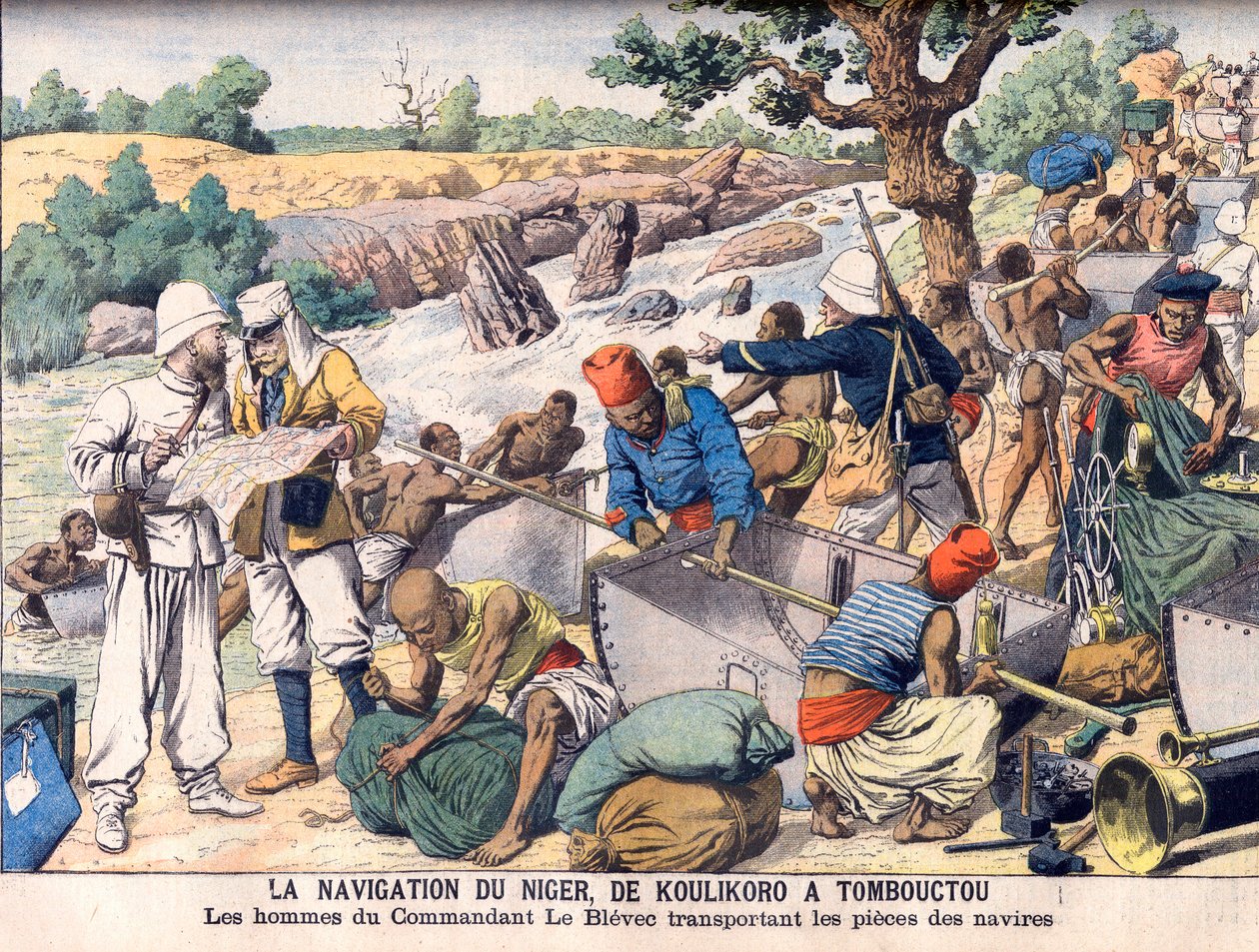 Plavba po řece Niger mezi Koulikoro a Timbuktu. Expedice, které velel velitel Le Blevec, přepravující čluny v úsecích kolem peřejí. Plavba Nigerem, z Koulikoro do Timbuktu. Muži velitele Le Blevce nesou kusy lodí. od French School
