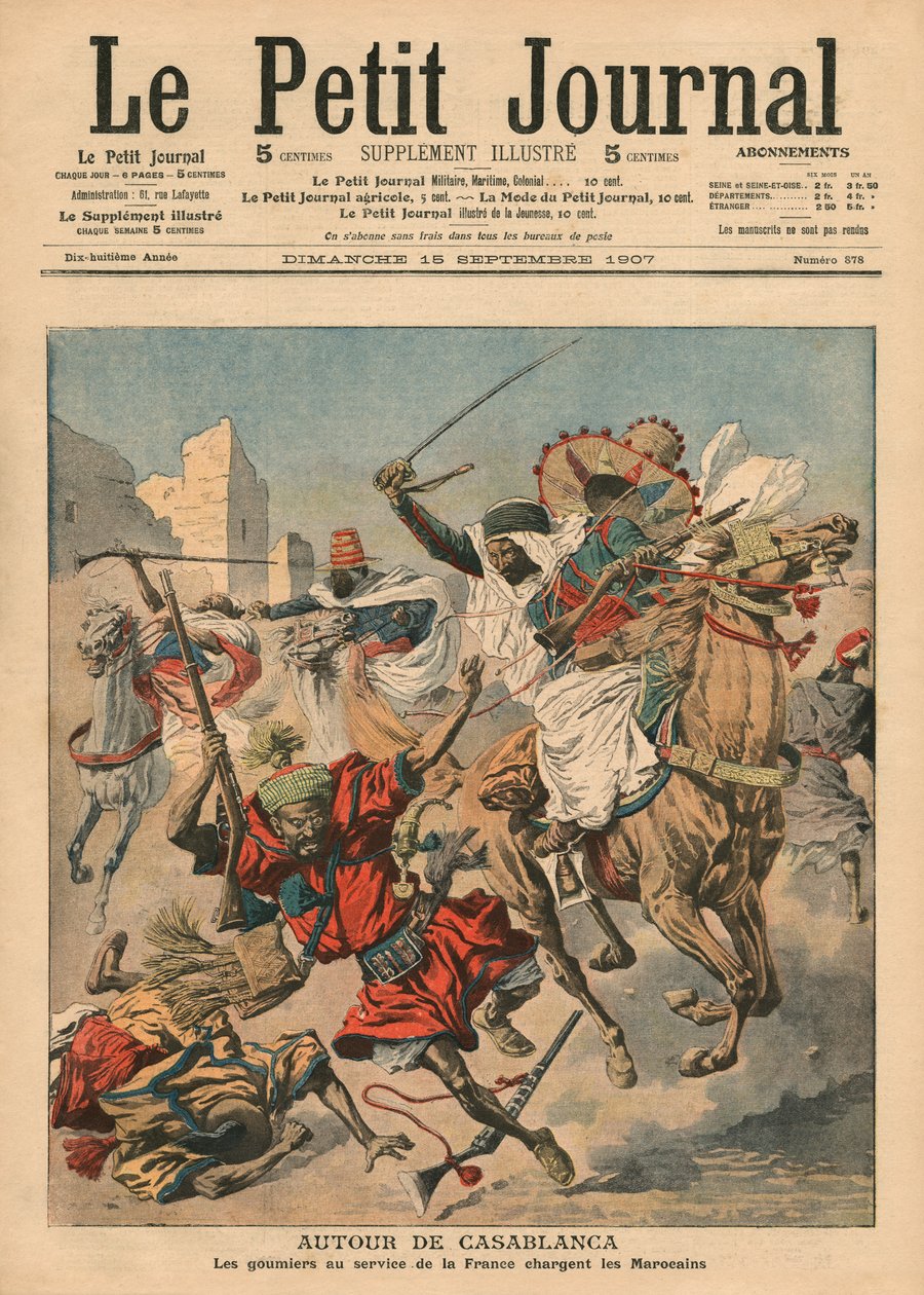 Poblíž Casablancy, goumiers útočící na Maročany, ilustrace z 