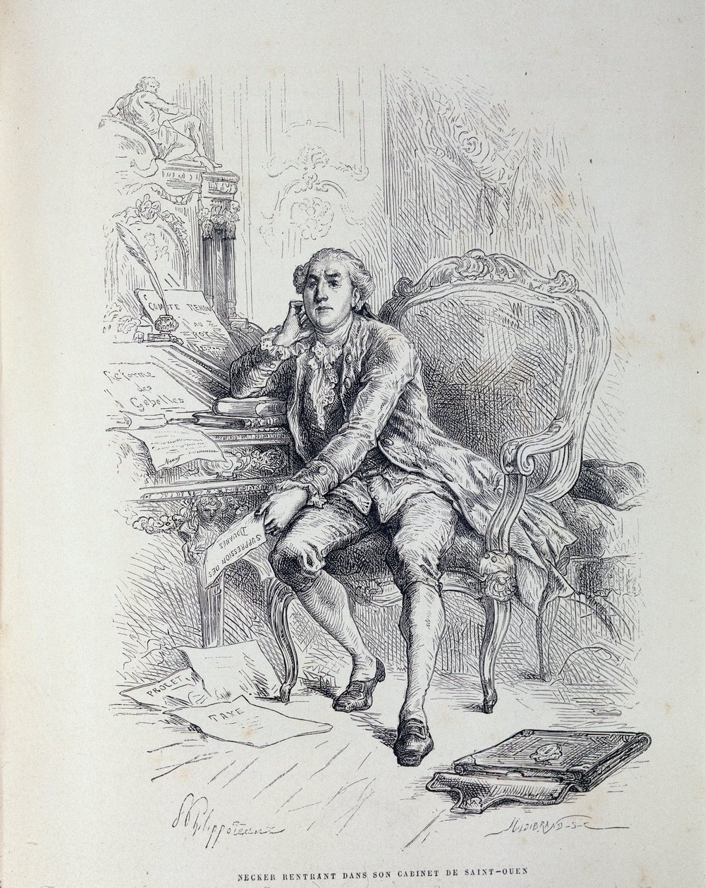 Necker ve své kanceláři v Saint-Ouen, obklopen poznámkami „Reforma Gabelles“, „Daně“, „Zrušení cel“ atd. od French School