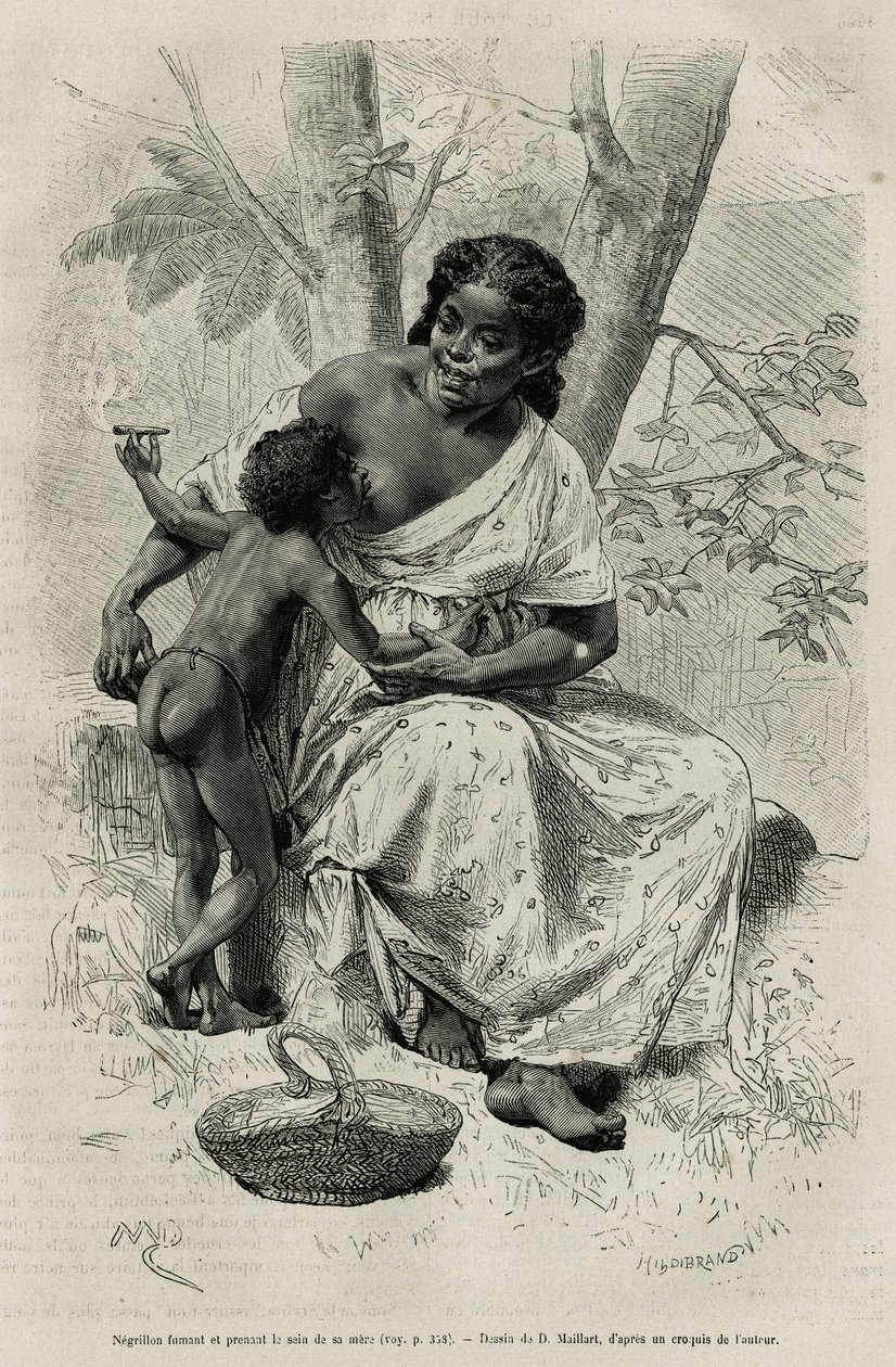 Negillon kouří a bere si prsa své matky v oblasti Darien (východní Panama), rytina podle kresby D. Maillarta pro ilustraci příběhu Průzkum šíjí Panamy a Darien, od A. Recluse, poručíka lodi, v letech 1876 až 1878 od French School