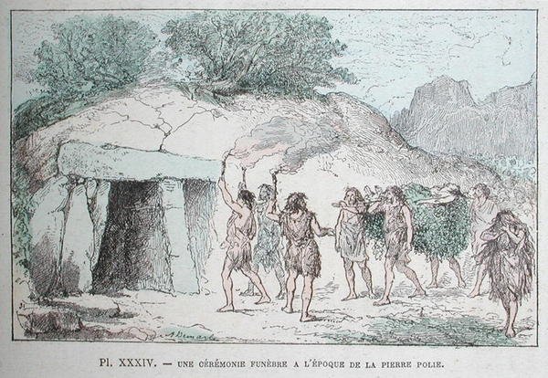 Neolitický pohřební obřad, ilustrace z knihy "Les Origines de la Vie" od Dr. Rengadeho, asi 1880 (kolorovaná rytina) od French School