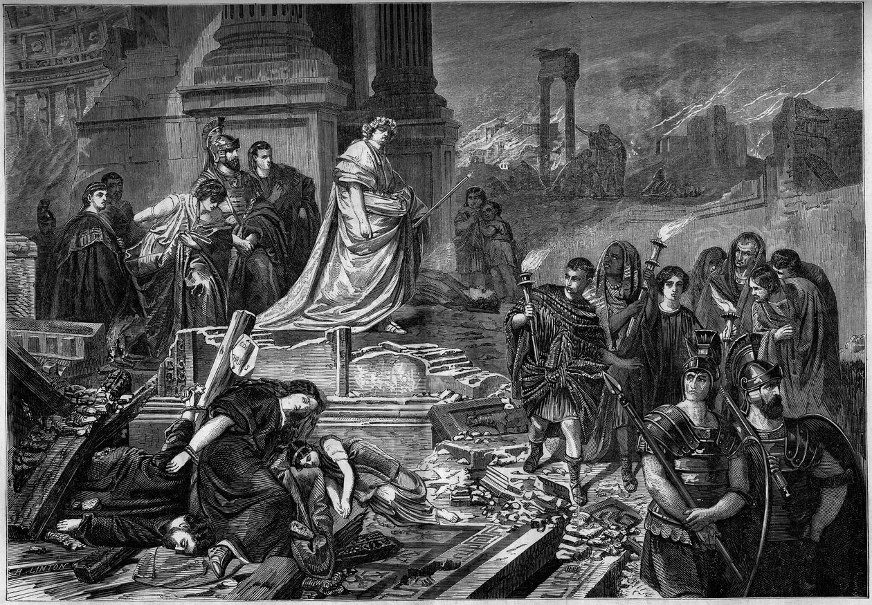 Neron po požáru v Římě v roce 64. Rytina podle obrazu Karla Theodora von Piloty (1826-1886). V „“Le Monde Illustré““ č. 283 ze dne 13. září 1862. od French School