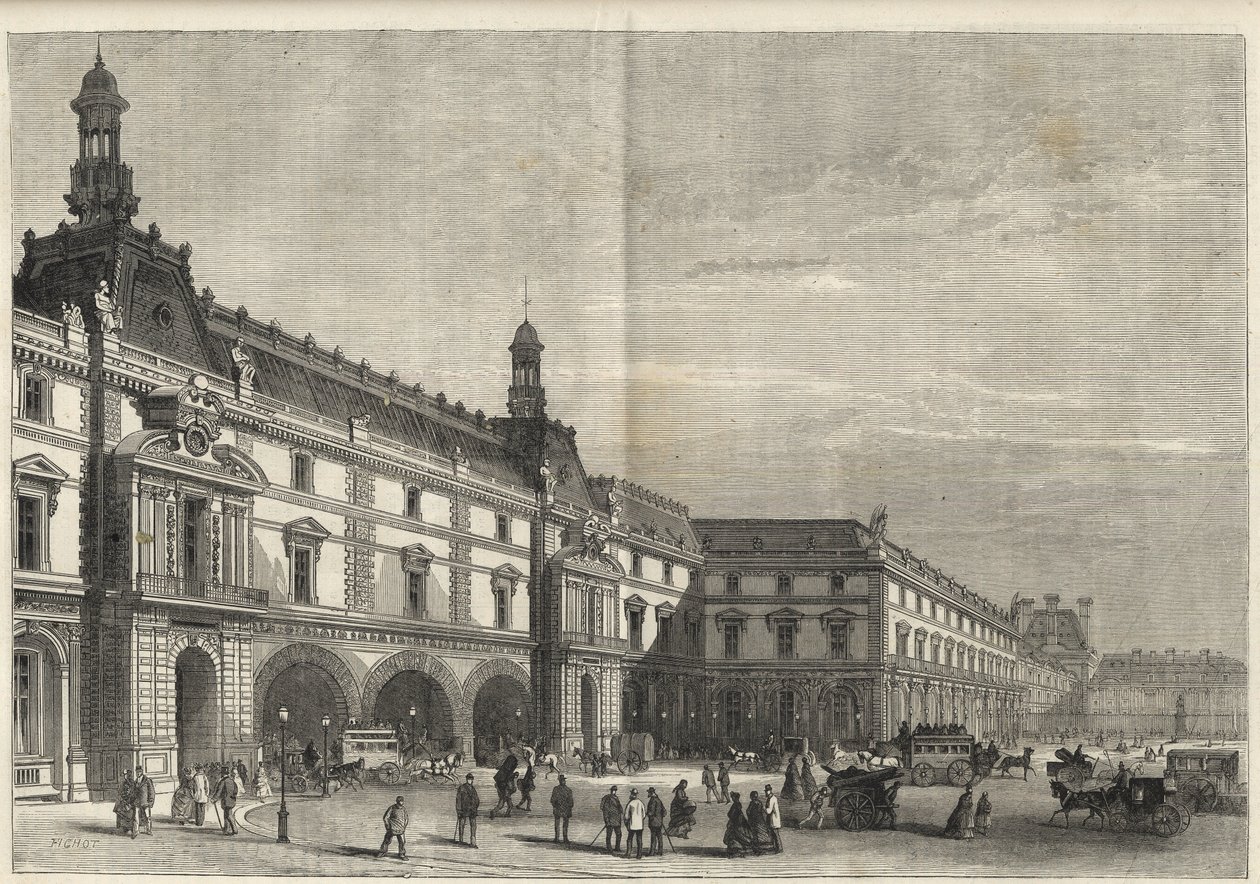 Nové budovy Tuileries na Place du Carrousel (rytina) - Nový Louvre - fasáda na straně Place du Carrousel a Salle des Etats - rytina z roku 1869 od French School