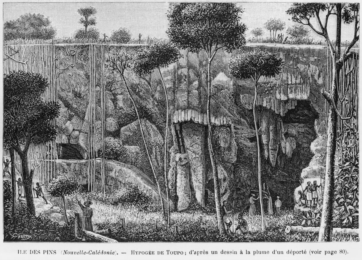 Nová Kaledonie, Isle of Pines, Hypogeum of Toupo, podle kresby perem a tuší od deportovaného, ilustrace z bulletinu Les Missions Catholiques, 1893 od French School