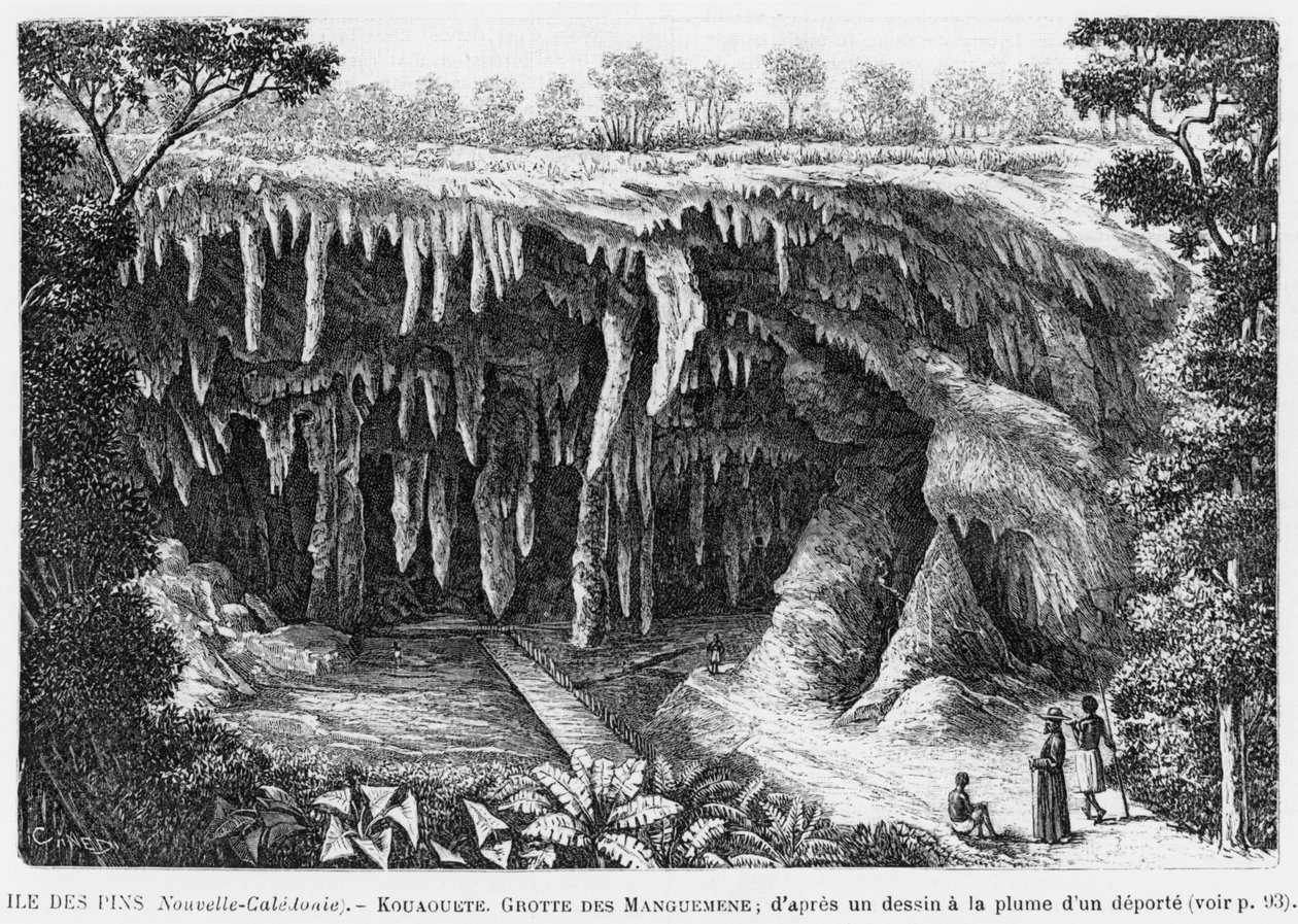 Nová Kaledonie, Isle of Pines, Kouaouete, jeskyně Manguemene, ilustrace z bulletinu Les Missions Catholiques, podle kresby deportovaného perem a tuší, 1893 od French School