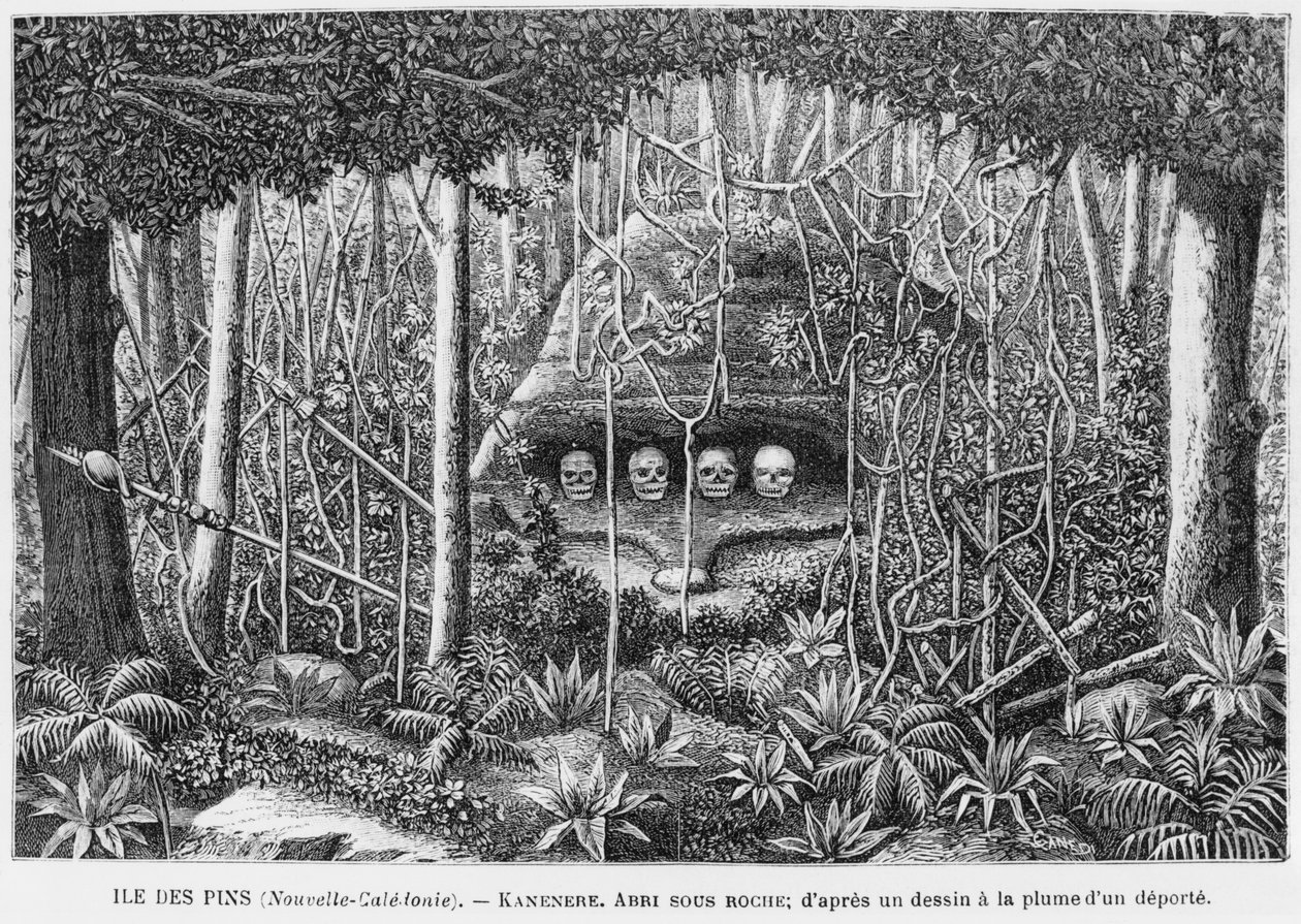 Nová Kaledonie, Isle of Pines, úkryt ve skalách, podle kresby perem a tuší od deportovaného, ilustrace z bulletinu Les Missions Catholiques, 1893 od French School