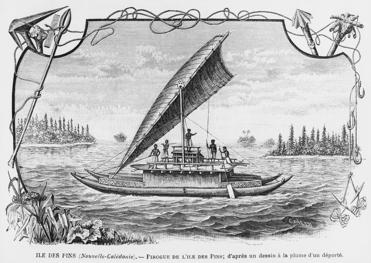 Nová Kaledonie, piroga z Isle of Pines, podle kresby deportovaného perem a tuší, ilustrace z bulletinu Les Missions Catholiques, 1893 od French School
