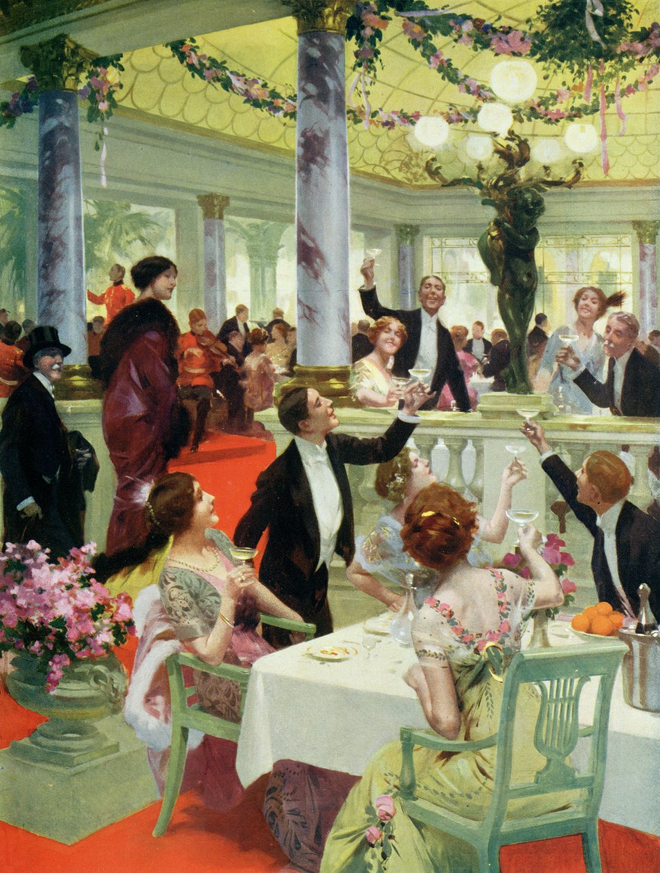 Silvestr v restauraci, ilustrace z časopisu La Vie Heureuse, 15. prosince 1912 od French School