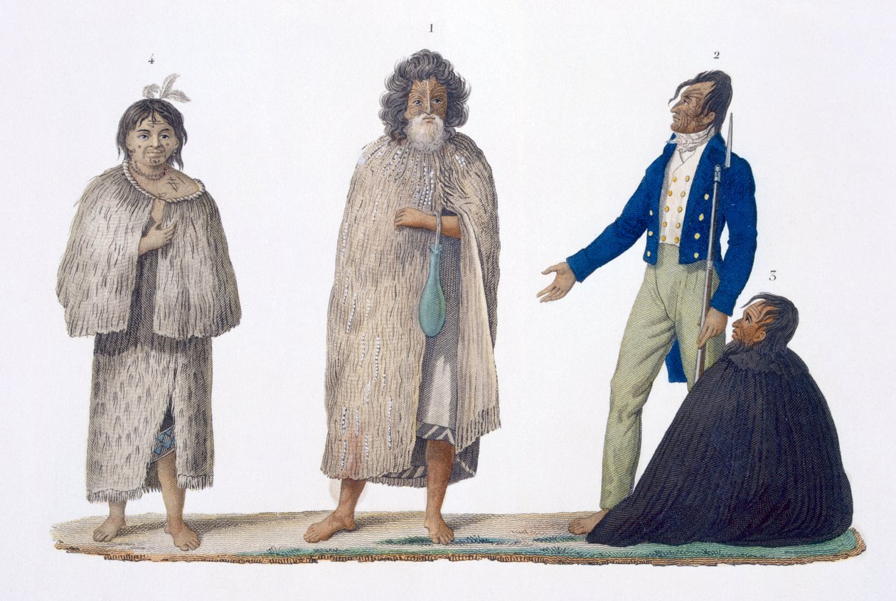 Novozélandští domorodci v domorodých a západních šatech, 1826 od French School
