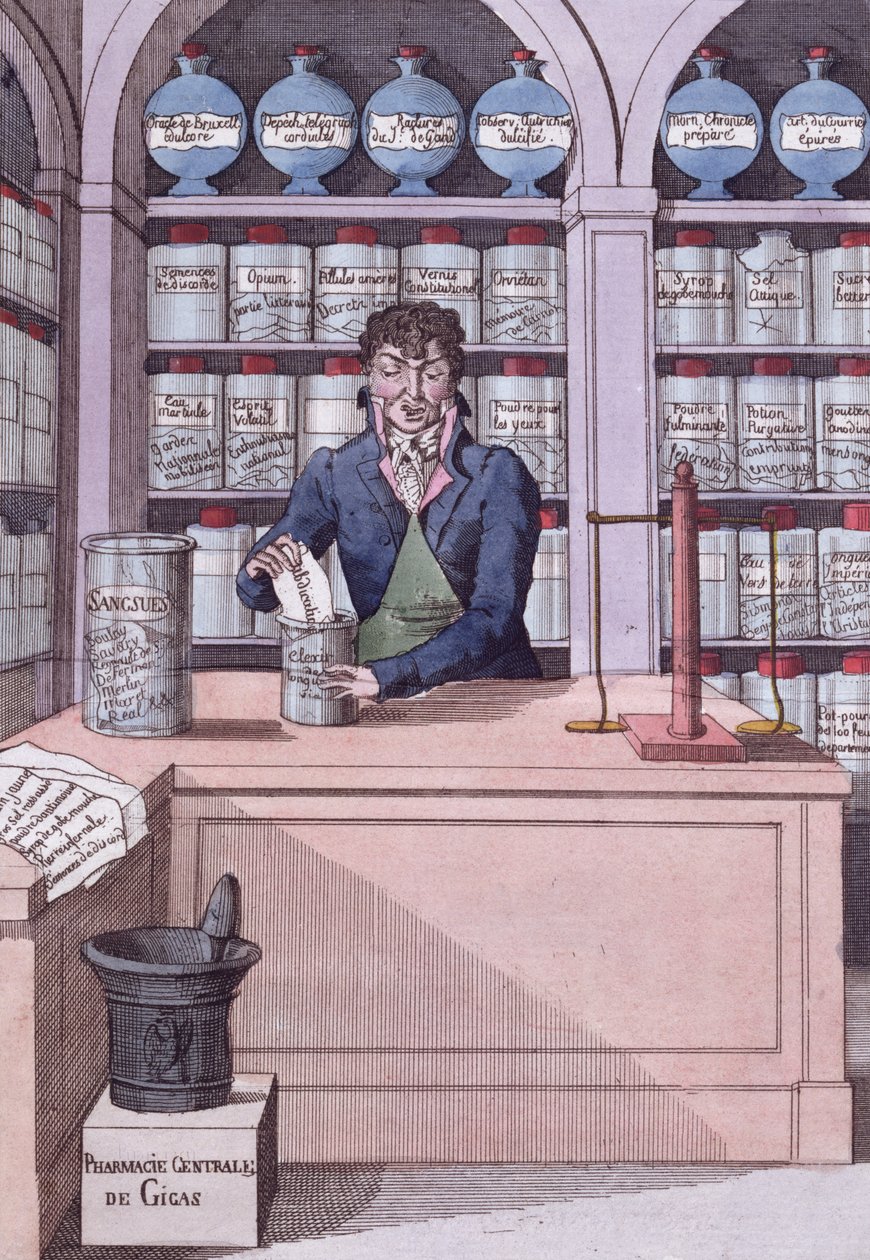 Výdejna novin za Napoleona nebo akademika chemika, karikatura zobrazující tisk rozdrcený Napoleonem (barevná rytina) od French School